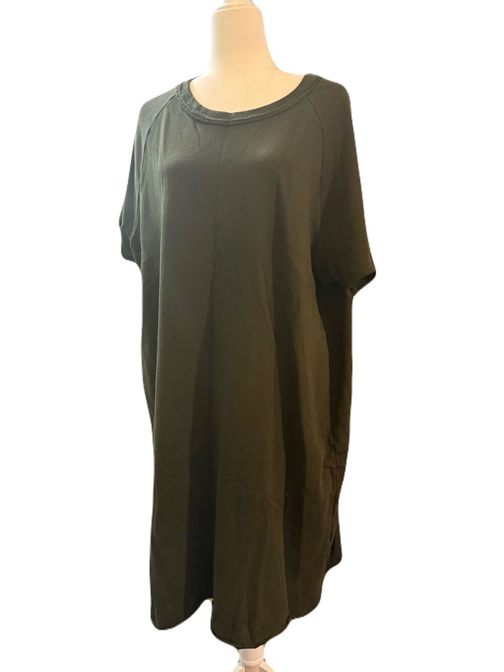Eileen Fisher Organic Cotton French Terry Dress Green  XL Raw Edge Short Sleeve